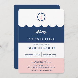 Nautical Navy Ahoy Twin Girls Baby Shower Invite