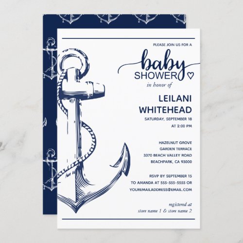 Nautical Navy Anchor Baby Shower Invitation - Celebrate the new mom to be with this nautical-inspired baby shower invitation. This card features a large sketch anchor on the left side with the text to the right. Baby is written in a hand-lettered font and a special heart beside the shower. The back of the card has an anchor pattern.