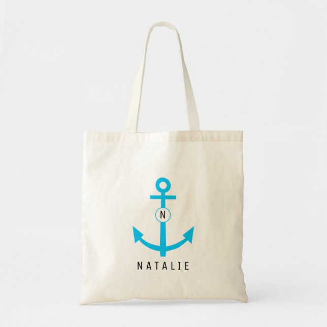 Nautical Navy Anchor Beach Blue Monogram Bride Tote Bag (Front)