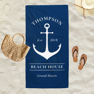 Nautical Navy Anchor Beach House Monogram Towel