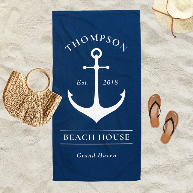 Nautical Navy Anchor Beach House Monogram Towel (Creator Uploaded)