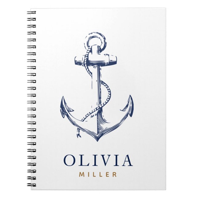 Nautical Navy Anchor Blue Gold Monogram Notebook (Front)