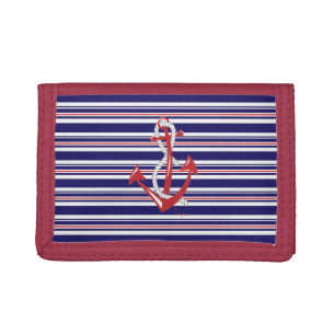 Nautical Navy Anchor, Blue, Red, Stripes Tri-fold Wallet