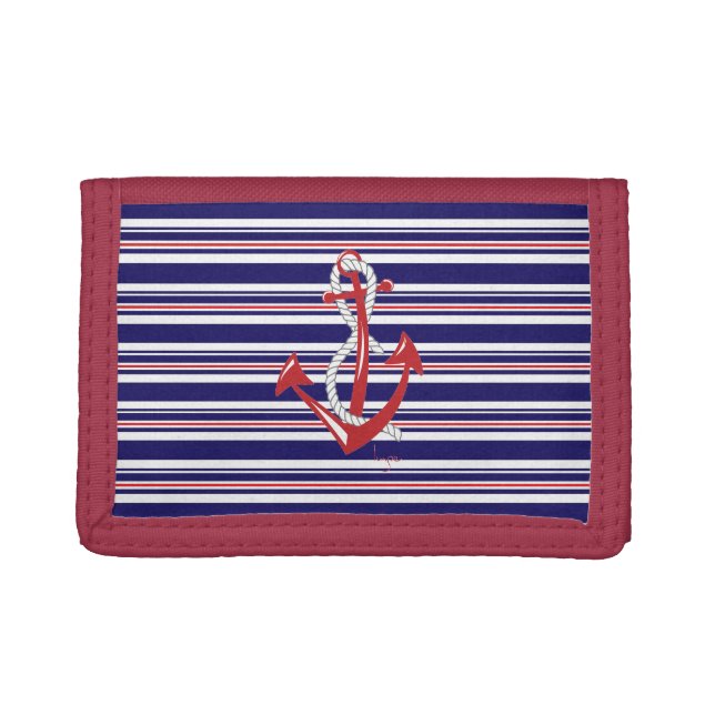 Nautical Navy Anchor, Blue, Red, Stripes Tri-fold Wallet (Front)