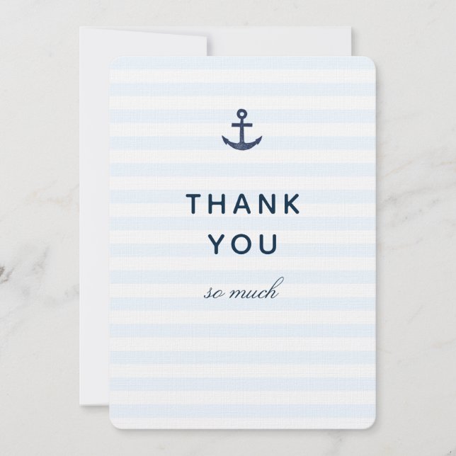 Nautical Navy Anchor Blue Stripes Thank You Card (Front)