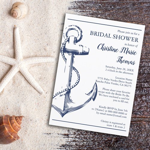 Nautical Navy Anchor Bridal Shower Recipe Request Invitation