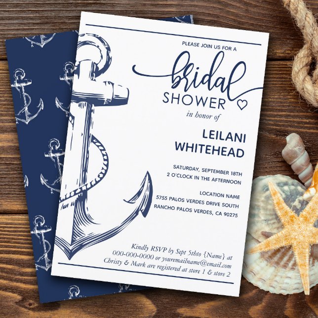 Nautical Navy Anchor Bridal Shower White Invitation