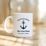Nautical Navy Anchor Captain Boat Name Coffee Mug<br><div class="desc">This classic nautical mug features a bold navy blue anchor framed by a custom captain name, boat name in elegant script, and home port location. The clean maritime design has a timeless appeal perfect for life on the water or at the dock. All text is fully editable to personalize with...</div>