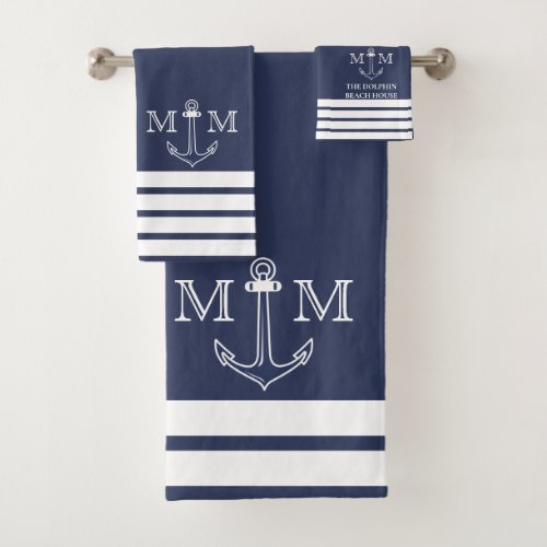 Nautical Navy Anchor Coastal Monogram Name Bath To Bath Towel Set
