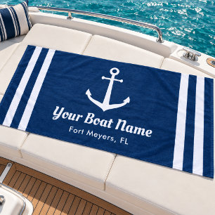 Nautical Navy Anchor Custom Boat Name Beach Towel
