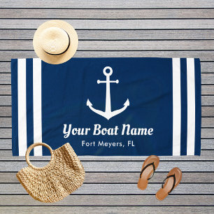 Nautical Navy Anchor Custom Boat Name Beach Towel