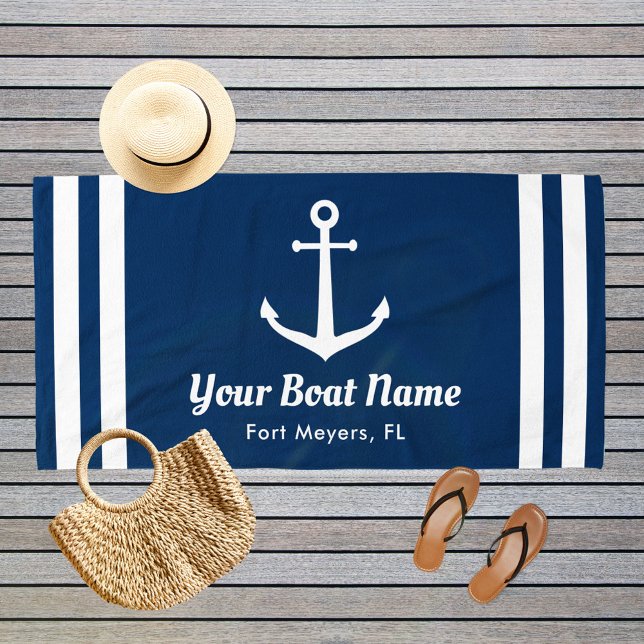 Nautical Navy Anchor Custom Boat Name Beach Towel (Creator Uploaded)