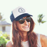 Nautical Navy Anchor Custom Boat Name Trucker Hat<br><div class="desc">Flaunt your captain (or first mate) status with this cool custom boat name hat. Classic nautical design features your boat name and ship's registry curved inside a coastal navy blue rope logo badge with an anchor illustration in the center.</div>