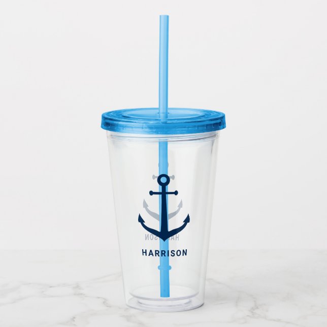 Nautical Navy Anchor Custom Name Monogram Acrylic Tumbler (Front)