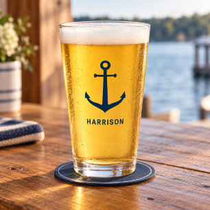 Nautical Navy Anchor Custom Name Monogram Glass