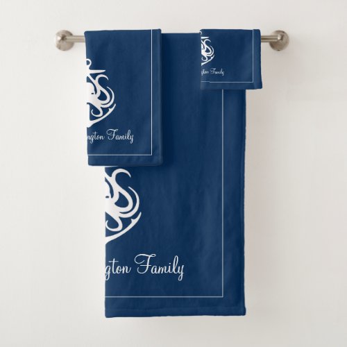 Nautical Navy Anchor Family Name  Bath Towel Set