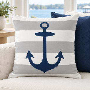 Nautical Navy Anchor Gray White Stripe Throw Pillow