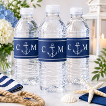 Nautical Navy Anchor Initial Wedding Water Bottle Label