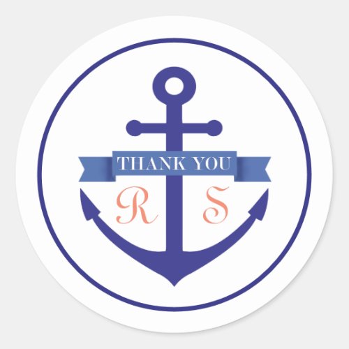Nautical Navy Anchor Initials Thank You Classic Round Sticker