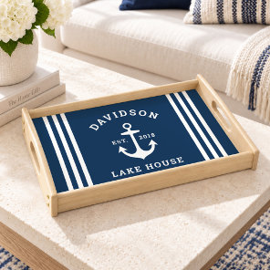 Nautical Navy Anchor Lake House Family Name Serving Tray