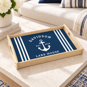 Nautical Navy Anchor Lake House Family Name Serving Tray