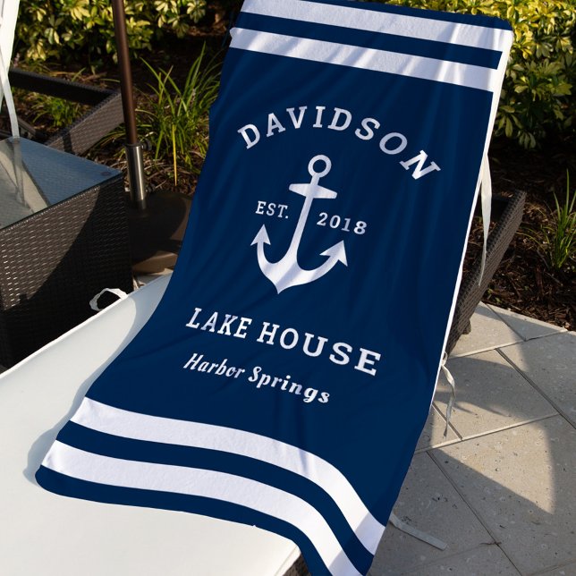 Nautical Navy Anchor Lake House Monogram Beach Towel (Creator Uploaded)