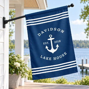 Nautical Navy Anchor Lake House Monogram Flag