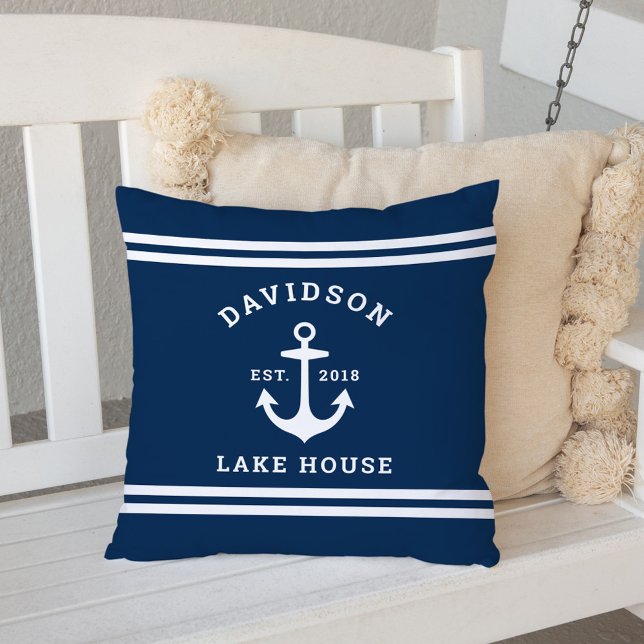 Nautical Navy Anchor Lake House Monogram Throw Pillow (Creator Uploaded)