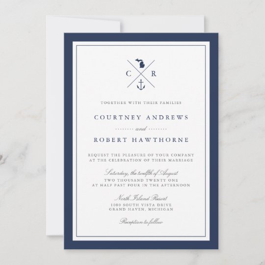 Nautical Navy Anchor Monogram Michigan Wedding Invitation | Zazzle.com