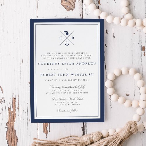 Nautical Navy Anchor Monogram Michigan Wedding Invitation