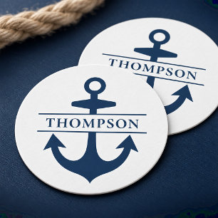 Nautical Navy Anchor Monogram Wedding Round Paper Coaster