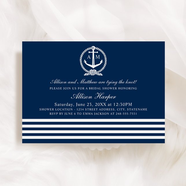 Nautical Navy Anchor Monogram Wedding Shower Invitation (Creator Uploaded)