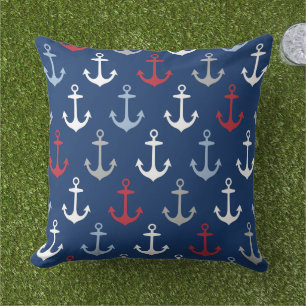 Nautical Navy Anchor Pattern Red White and Blue Outdoor Pillow