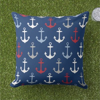 Nautical Navy Anchor Pattern Red White And Blue Outdoor Pillow by plushpillows at Zazzle