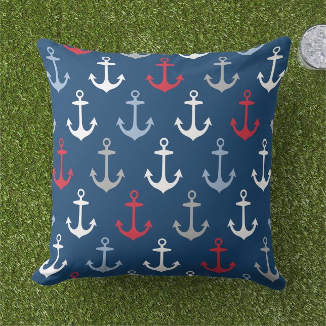 Nautical Navy Anchor Pattern Red White and Blue Outdoor Pillow (Grass)