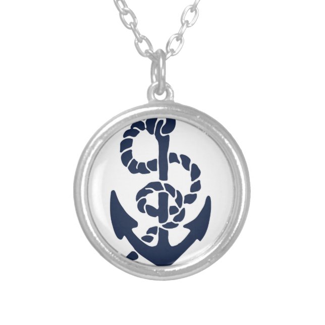 Nautical Navy Anchor Pattern Silver Plated Necklace (Front)