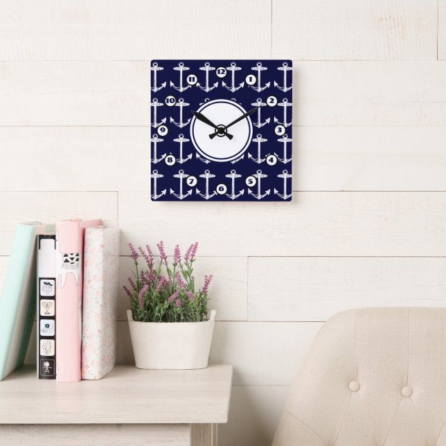 Nautical Navy Anchor Pattern Square Wall Clock (Reading Room)