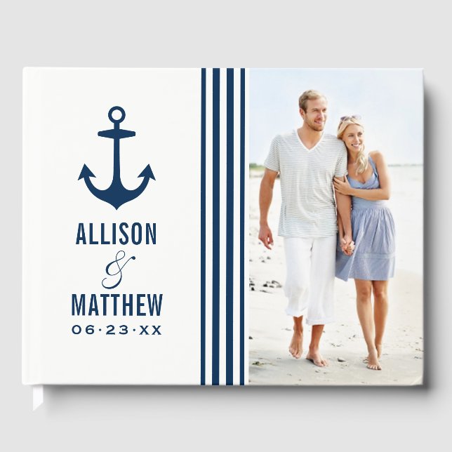 Nautical Navy Anchor Photo Wedding Monogram Guest Book (Front)