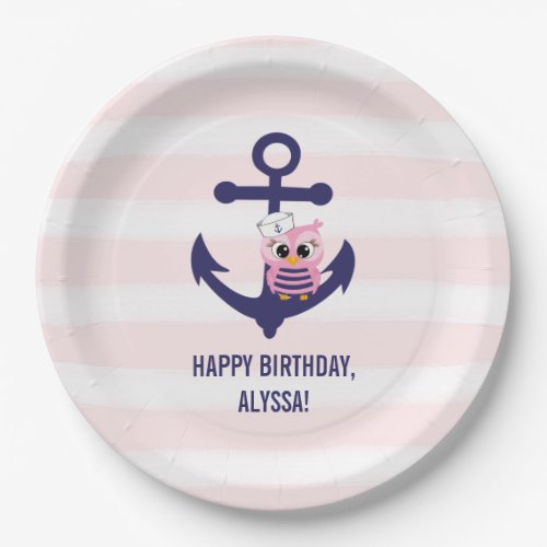 Nautical Navy Anchor Pink Owl and Stripes Birthday Paper Plates