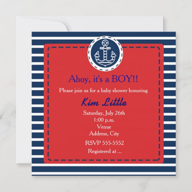 Nautical Navy Anchor Red Baby Shower Invitation (Front)