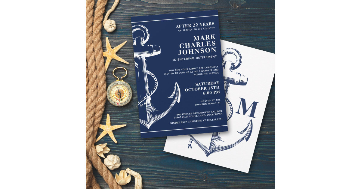 Nautical Navy Anchor Retirement Invitation Zazzle