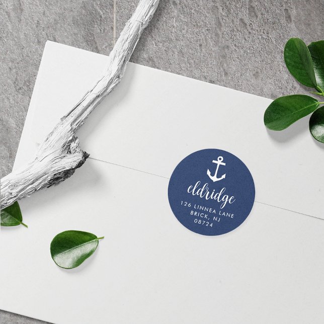 Nautical Navy Anchor Return Address Classic Round Sticker (Creator Uploaded)