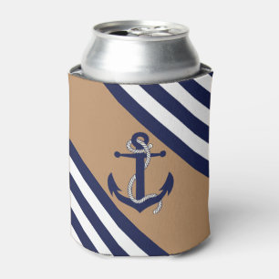Nautical navy anchor/rope, blue stripe -lt brown can cooler