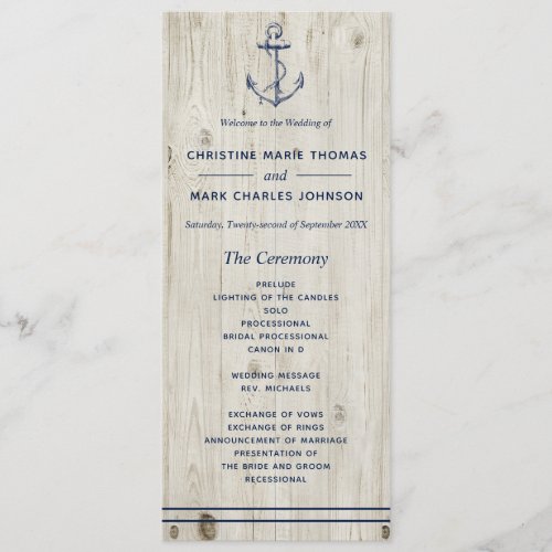 Nautical Navy Anchor Rustic Wood Wedding Program