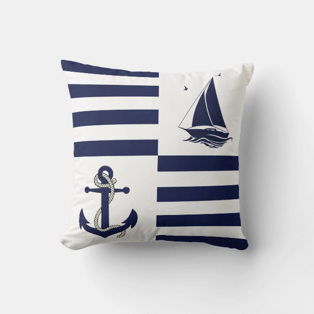 Nautical navy  anchor/sailboat/navy blue stripe throw pillow (Front)
