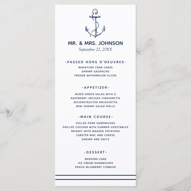 Nautical Navy Anchor Sea Side Wedding Menu (Front)