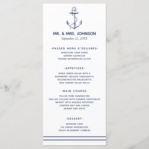 Nautical Navy Anchor Sea Side Wedding Menu