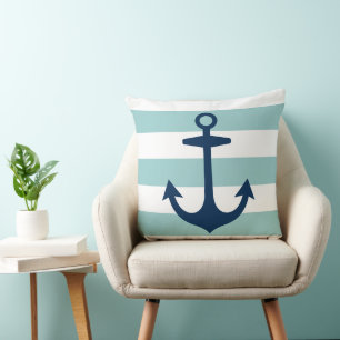 Nautical Navy Anchor Seafoam White Stripe Throw Pillow