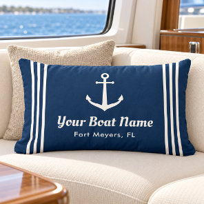 Nautical Navy Anchor Stripe Boat Name Lumbar Pillow