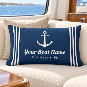 Nautical Navy Anchor Stripe Boat Name Lumbar Pillow